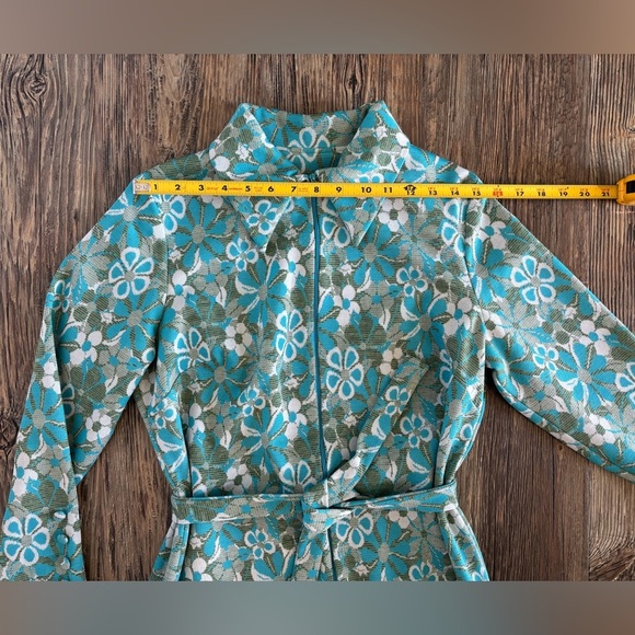Wynette Midi Belted Shift L/S Dress NO SIZE Vintage 70s Blue Green White Floral - Picture 4 of 15